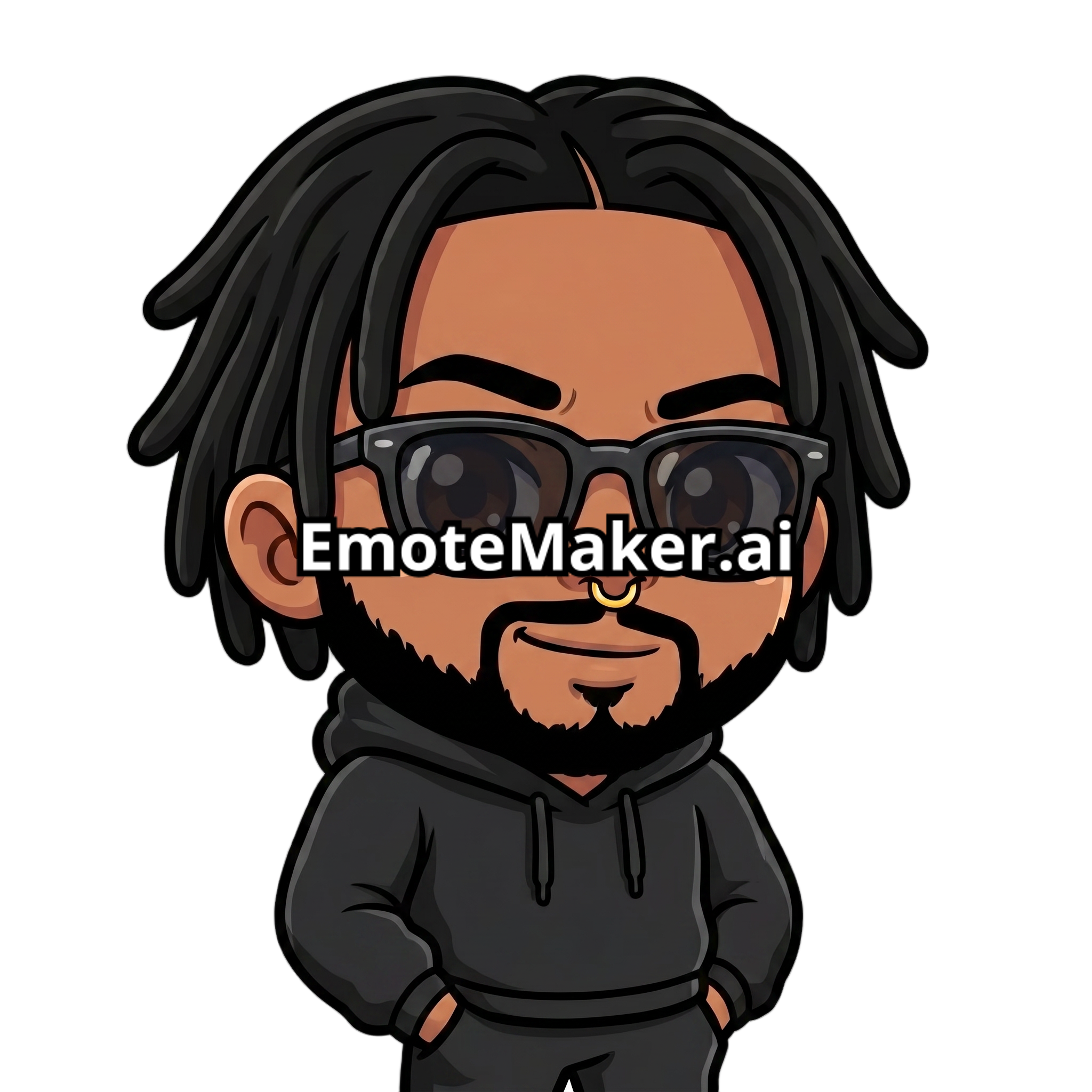 Change this emote's expression to cool and confident with sunglasses, a smirk, and a relaxed pose. Keep the exact same character design, outfit, colors, and art style.