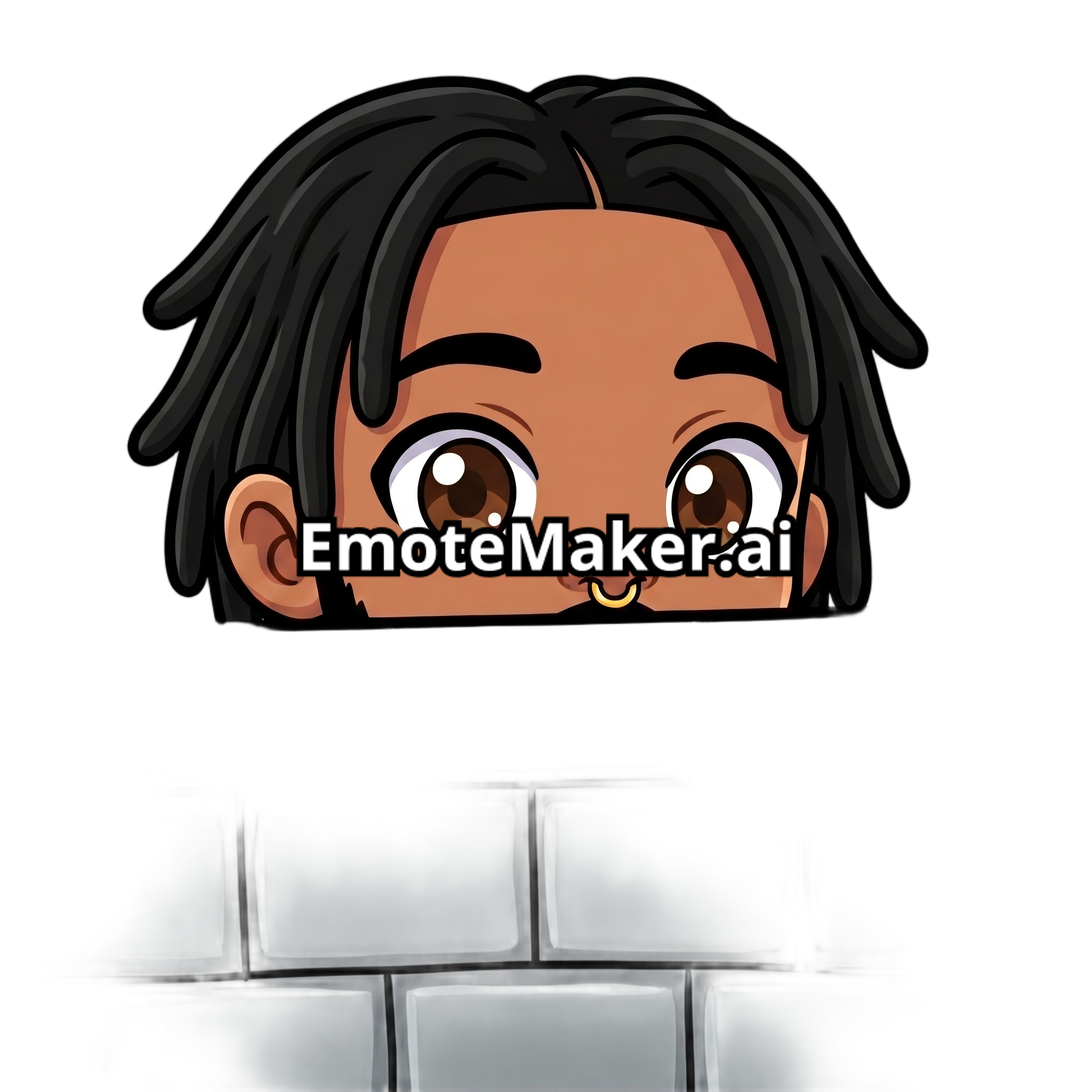 Change this emote to lurking and peeking from behind a wall or object with only eyes and top of head visible, with big curious watching eyes. Keep the exact same character design, outfit, colors, and art style.