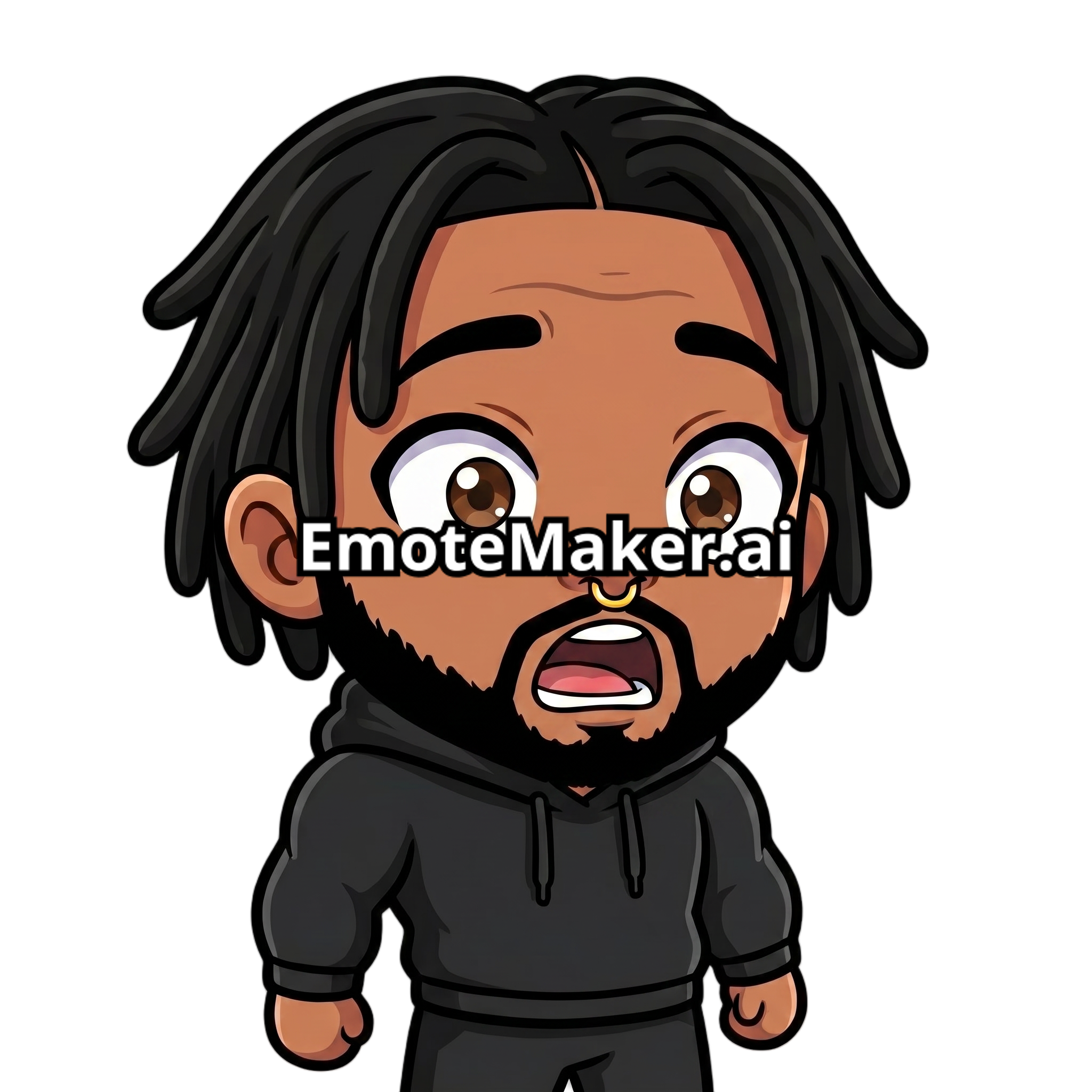 Change this emote's expression to shocked with wide open eyes, dropped jaw, and raised eyebrows. Keep the exact same character design, outfit, colors, and art style.