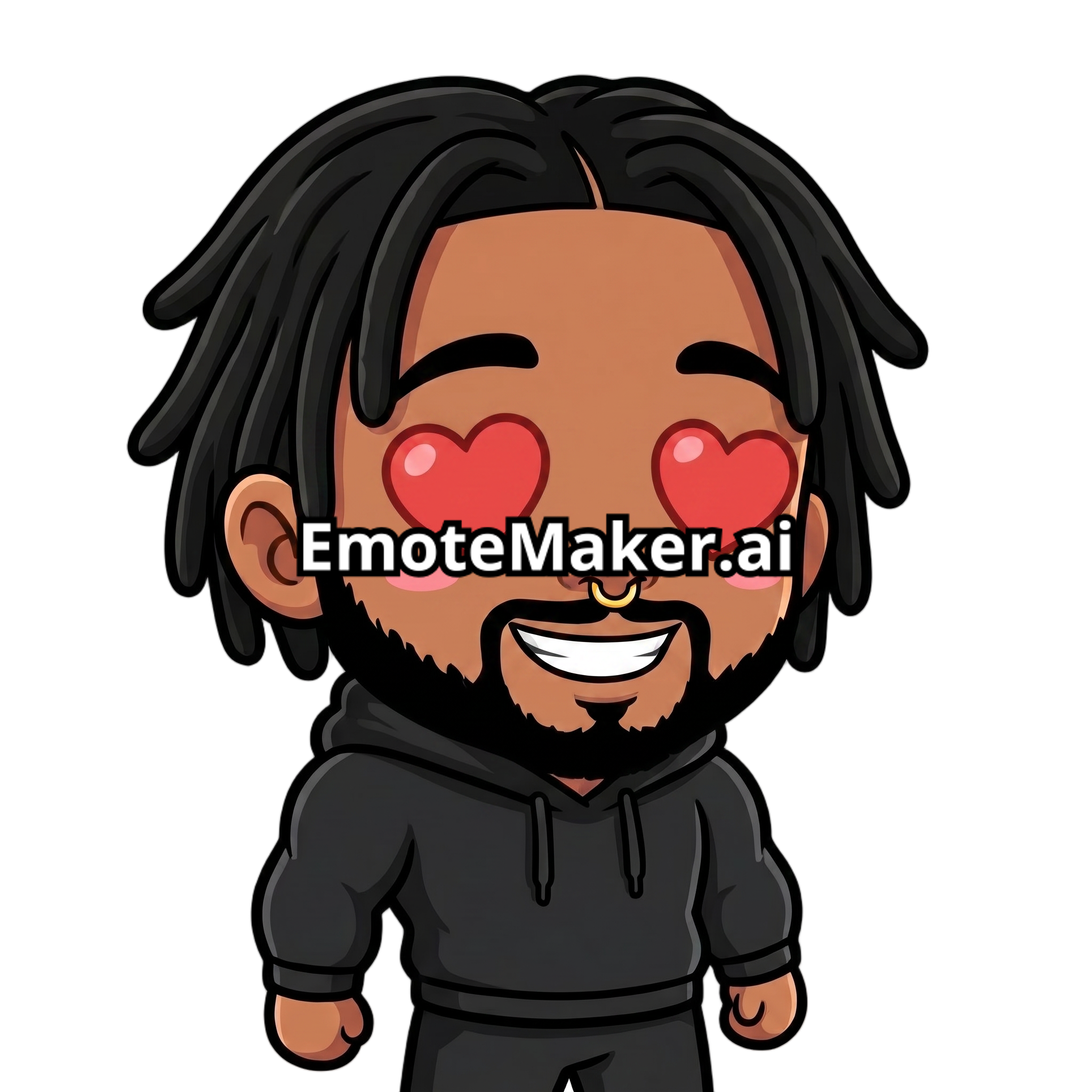 Change this emote's expression to lovestruck with heart eyes and a dreamy smile. Keep the exact same character design, outfit, colors, and art style.