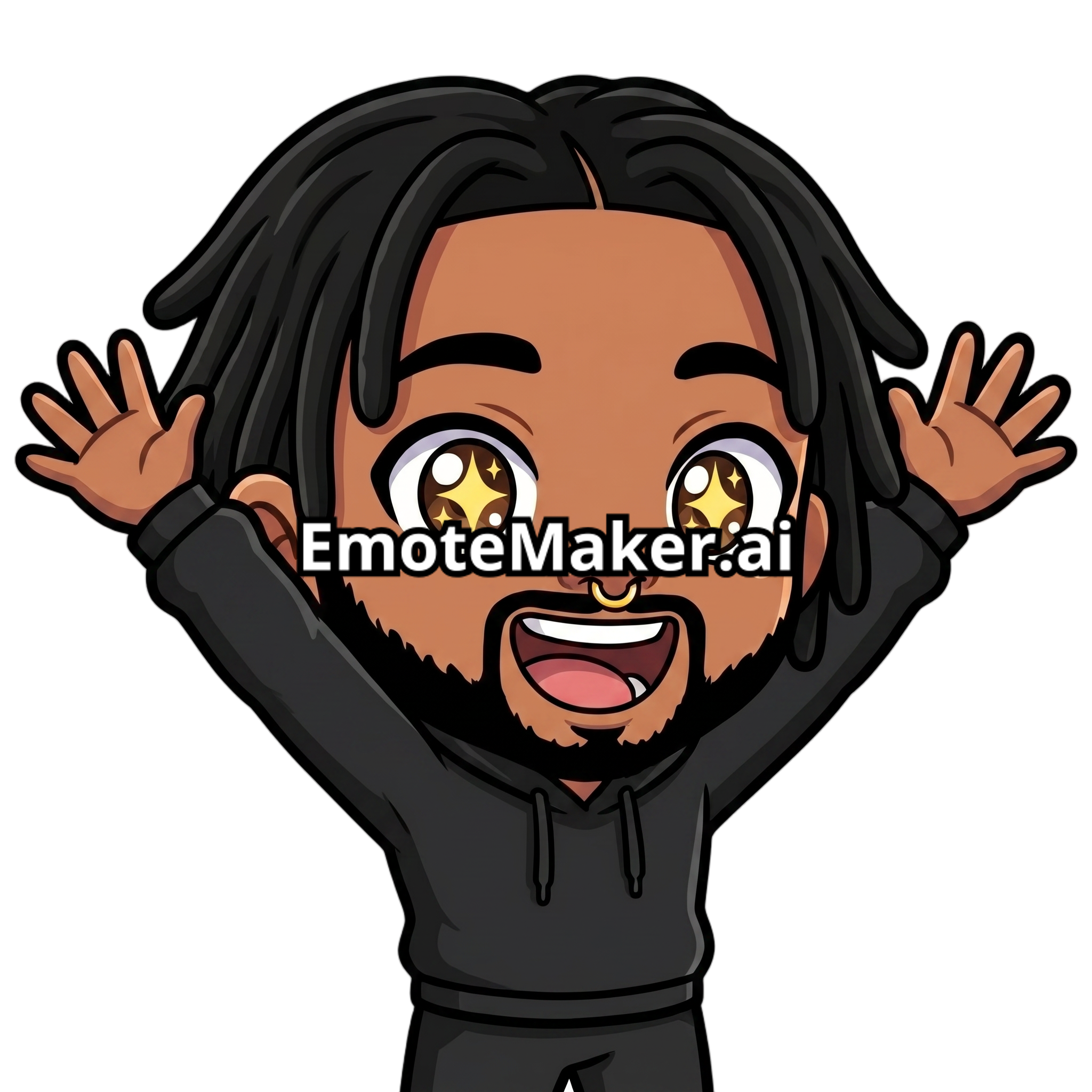 Change this emote's expression to excited and hyped with wide sparkling eyes, open mouth cheering, and raised arms. Keep the exact same character design, outfit, colors, and art style.