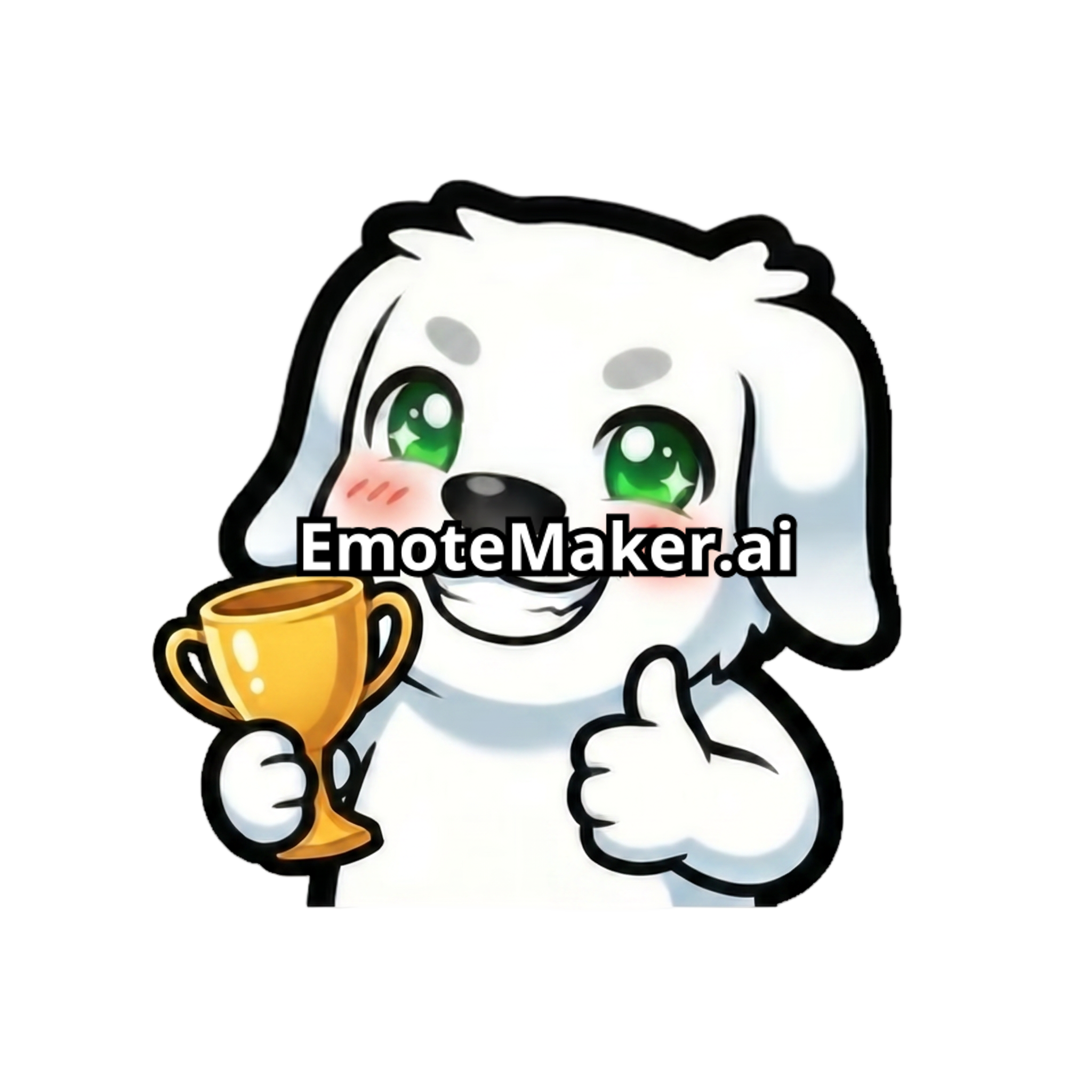 Change this emote's expression to victorious and proud, holding up a trophy or giving a thumbs up with a satisfied grin. Keep the exact same character design, outfit, colors, and art style.