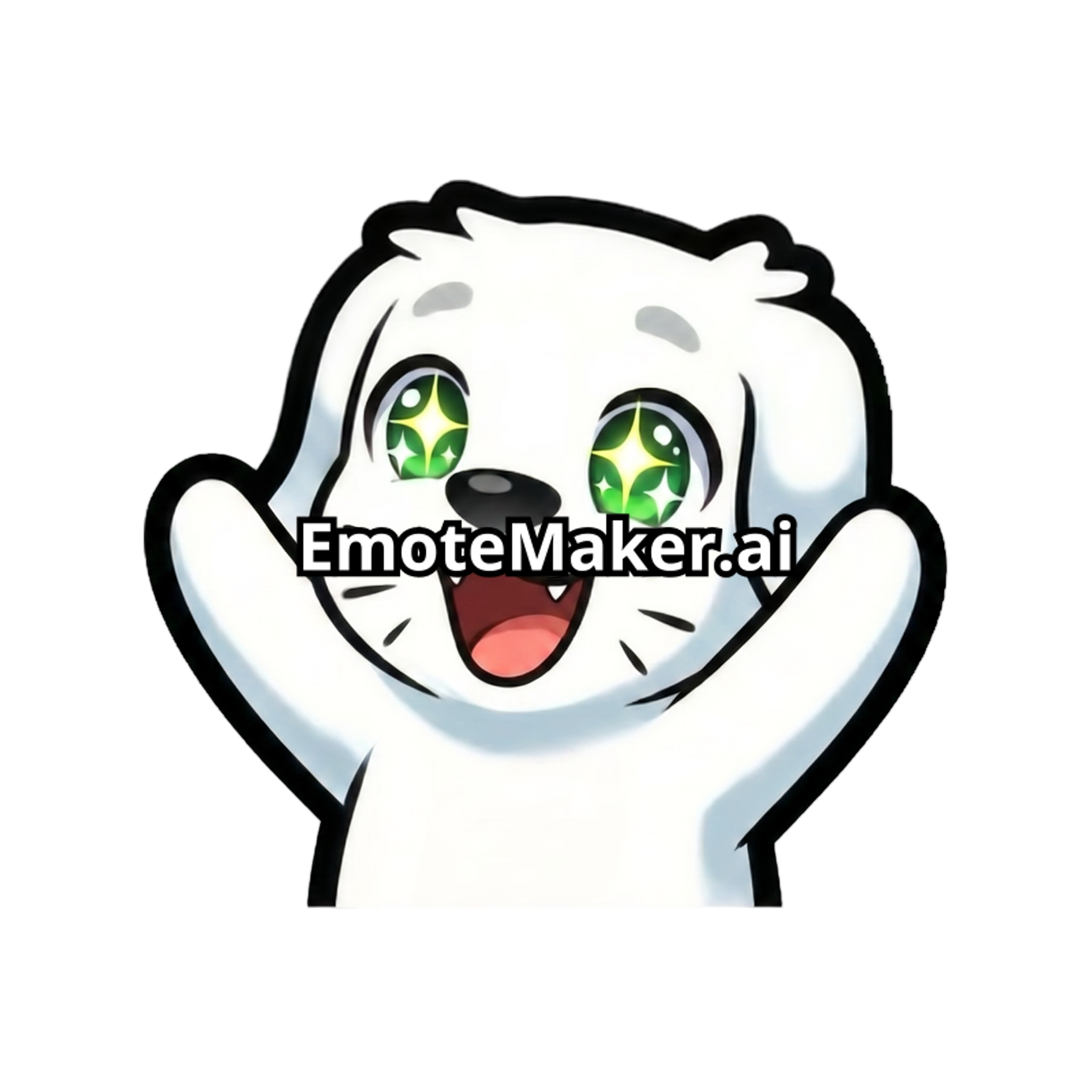 Change this emote's expression to excited and hyped with wide sparkling eyes, open mouth cheering, and raised arms. Keep the exact same character design, outfit, colors, and art style.