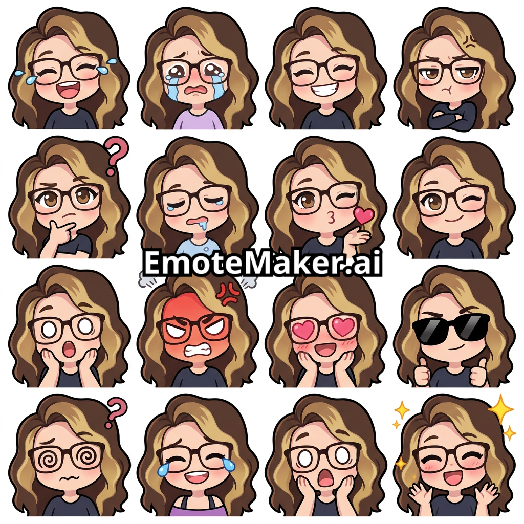 Convert the Image into a set of 12 chibi sticker (4x4 grid) with cutie outfit including the expression of laughing, crying, smiling, sulking, thinking, being sleepy,blowing a kiss, winking and being surprised.