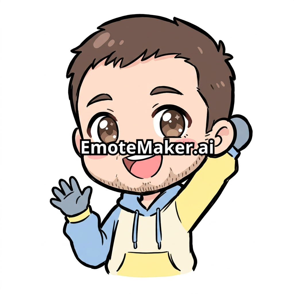 Chibi kawaii Twitch emote of a man with short brown hair, brown eyes and light stubble beard (3-day beard). Oversized head, big expressive eyes, pink blush cheeks, big happy open-mouth smile, one hand raised waving hello. Thick uneven black marker-style outlines, flat pastel colors, minimal detail, doodle sketch style, no shading, no gradients. Head and shoulders framing. with a big cheerful smile and bright sparkling eyes