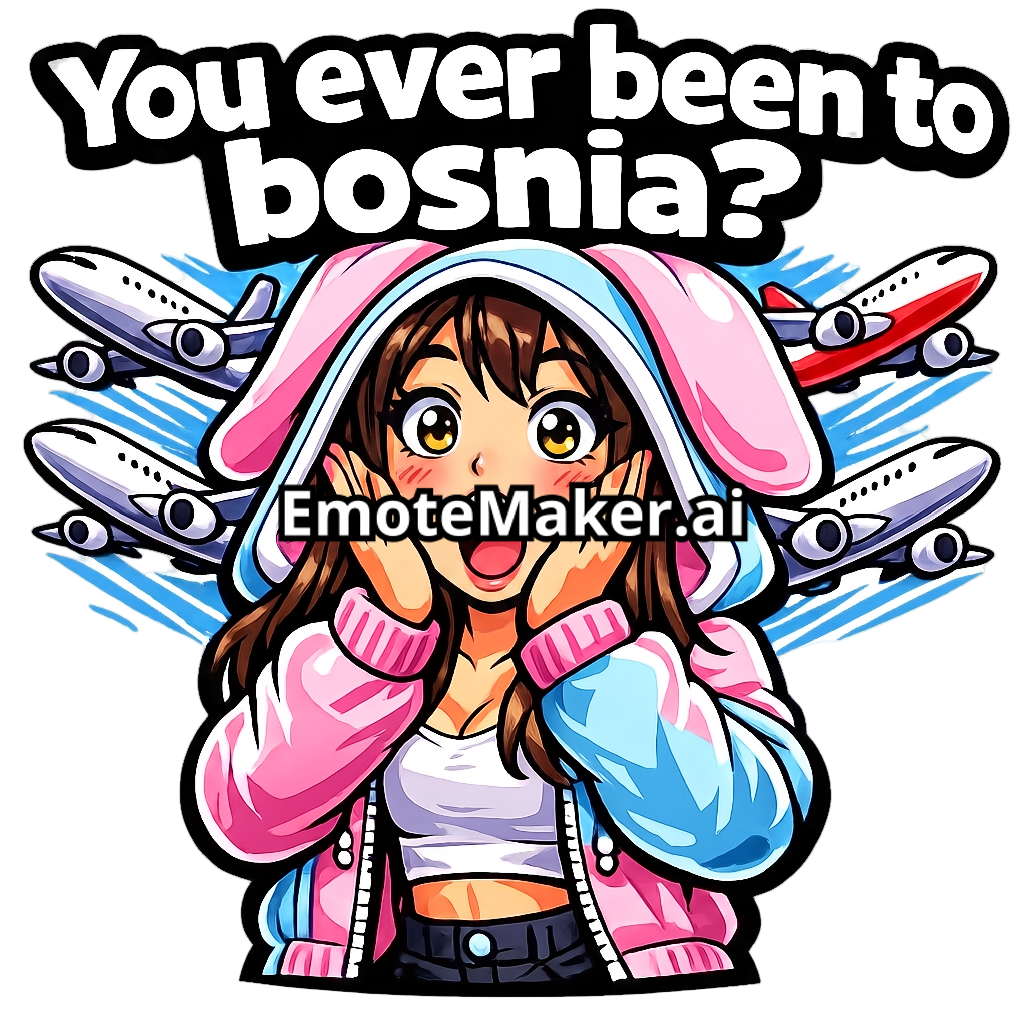 Change this emote's expression to the classic Pog face — mouth wide open in an O shape, eyes wide with amazement and excitement. Keep the exact same character design, outfit, colors, and art style.