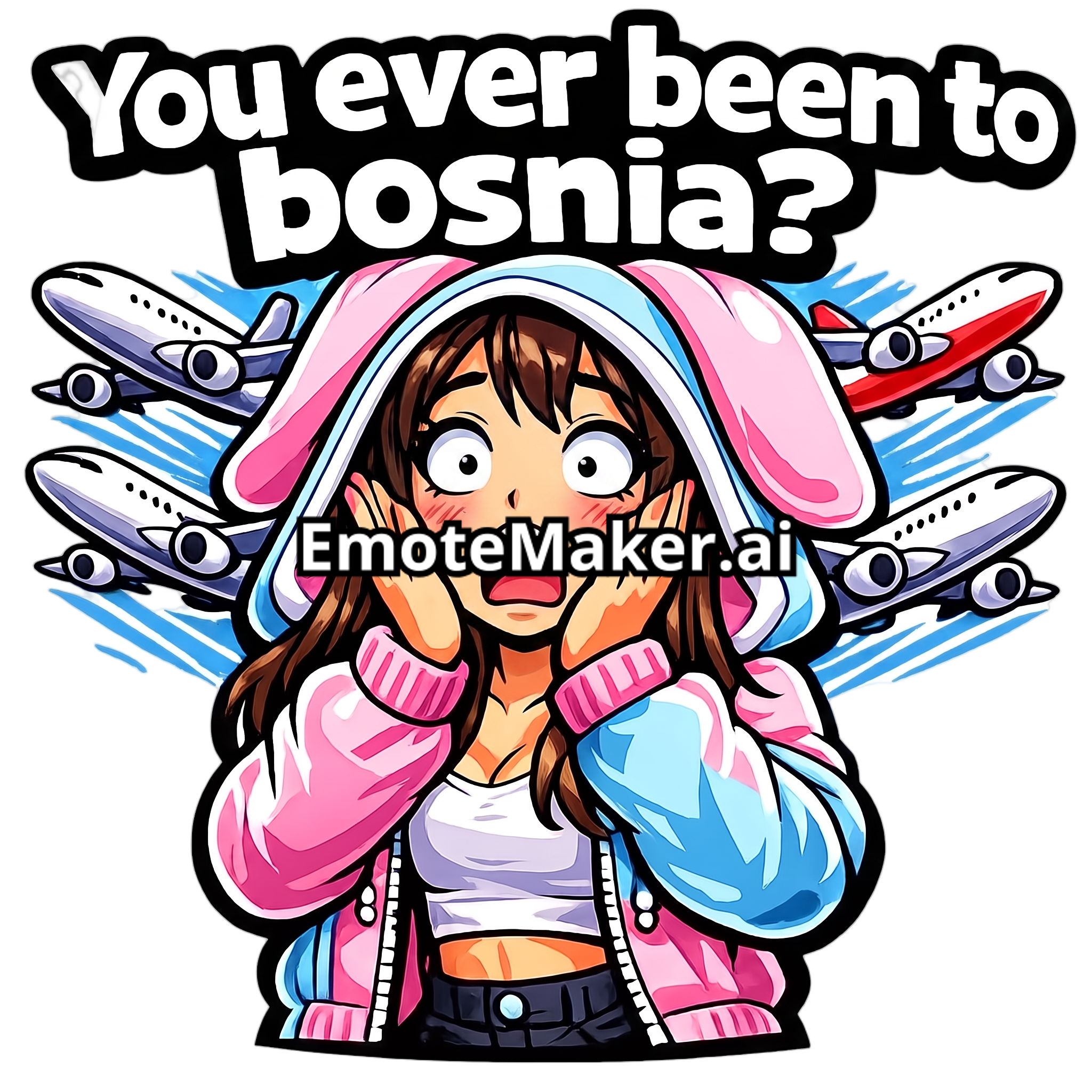 Change this emote's expression to shocked with wide open eyes, dropped jaw, and raised eyebrows. Keep the exact same character design, outfit, colors, and art style.