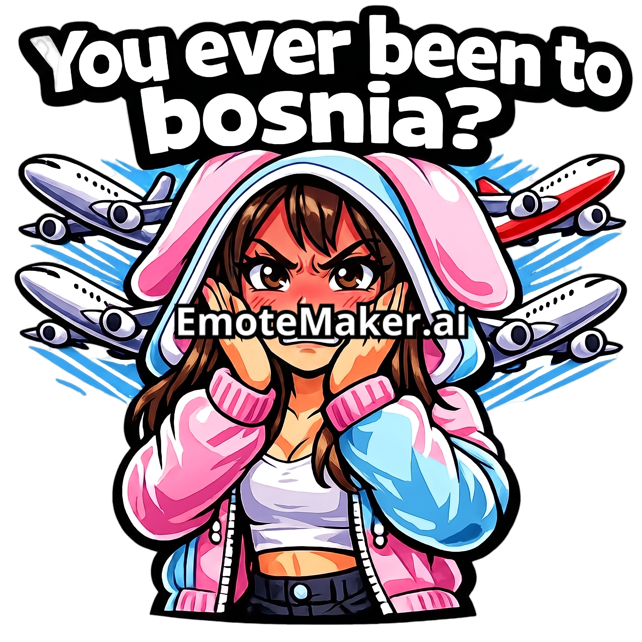 Change this emote's expression to angry with furrowed brows, gritted teeth, and a red face. Keep the exact same character design, outfit, colors, and art style.