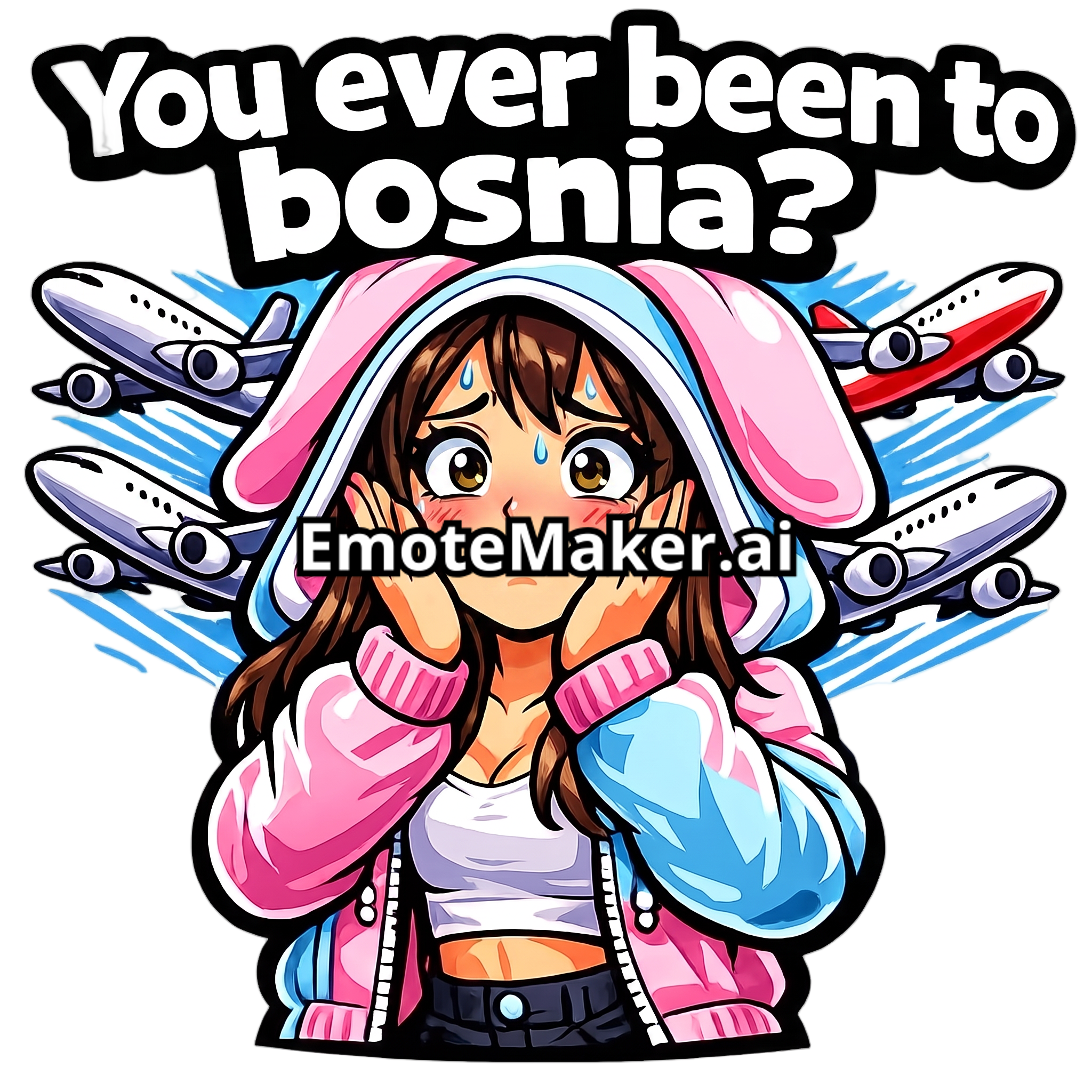 Change this emote's expression to nervous and anxious with sweat drops, wide worried eyes, and a wobbly forced smile. Keep the exact same character design, outfit, colors, and art style.