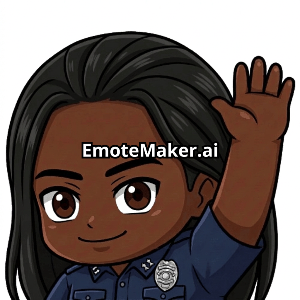 black cop with straight black hair and brown eyes waving right hand