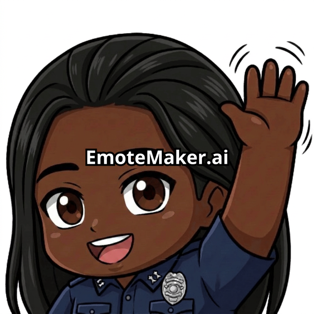 black cop with straight black hair and brown eyes waving right hand