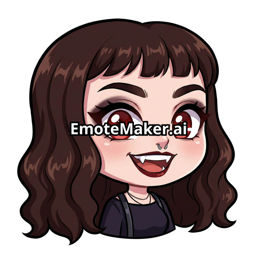 vampire girl with long brown hair, baby bangs full fringe and red eyes