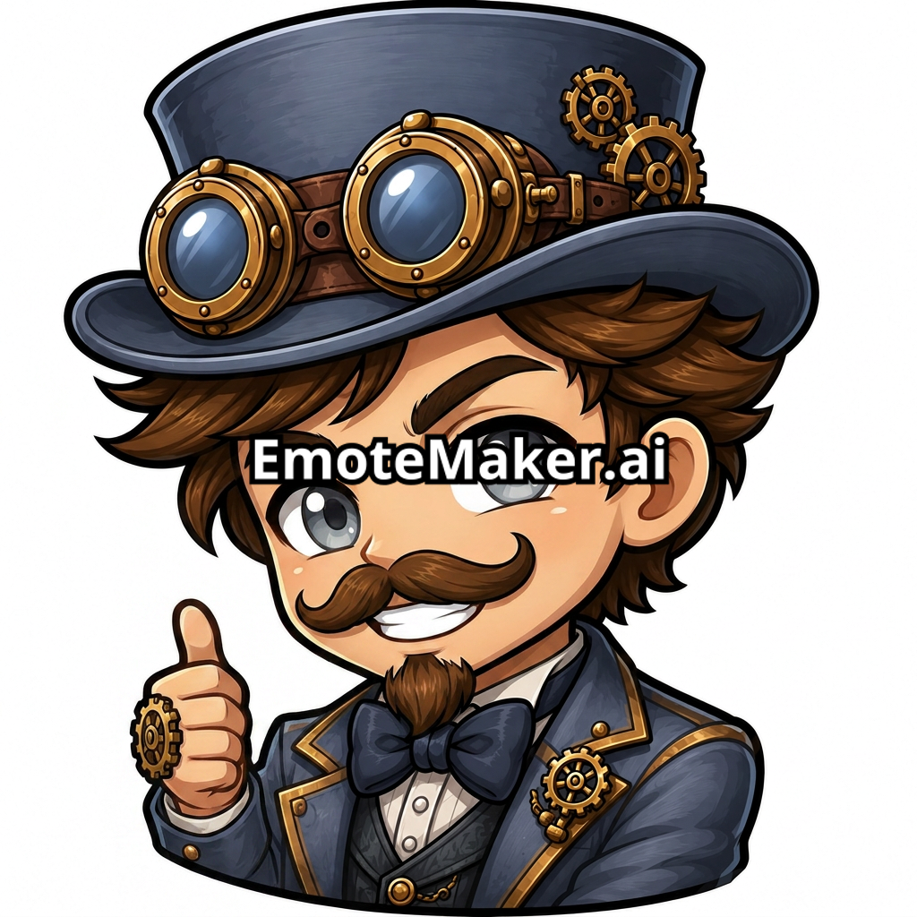 Make me a Twitch emote of a Steampunk style boy character with brown hair, mustache, goatee, grey blue eyes, top hat, in a suit with a bow tie that are a grey blue.
