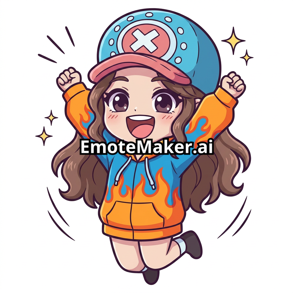 Chibi anime girl with long, wavy brown hair, wearing a specific Tony Tony Chopper-style light blue baseball cap with pink trim and the 'X' cross symbol. She has large, dark purple eyes. The art style is clean vector line art, vibrant colors, flat design, Twitch emote style, transparent background jumping with excitement, arms raised, eyes wide with joy