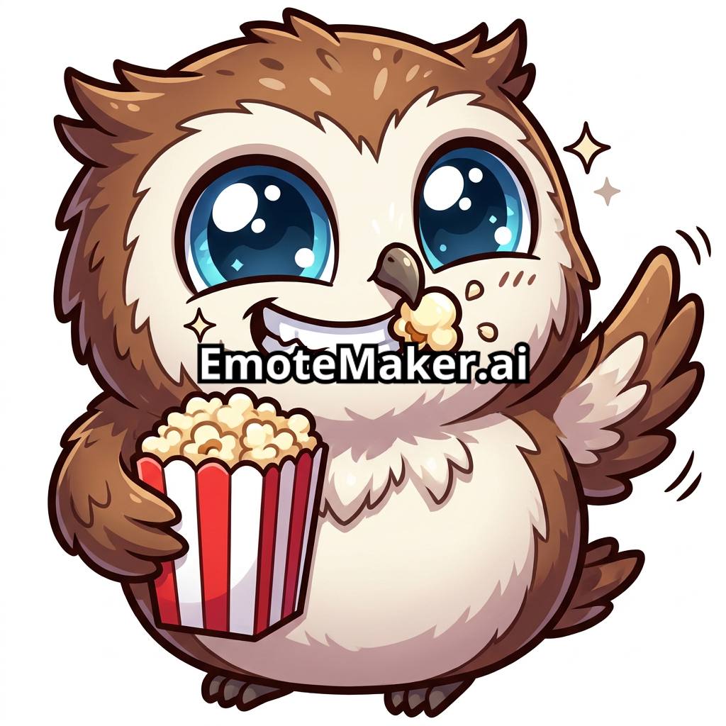 An animated emoji of an owl eating popcorn with a big cheerful smile and bright sparkling eyes, cartoon style