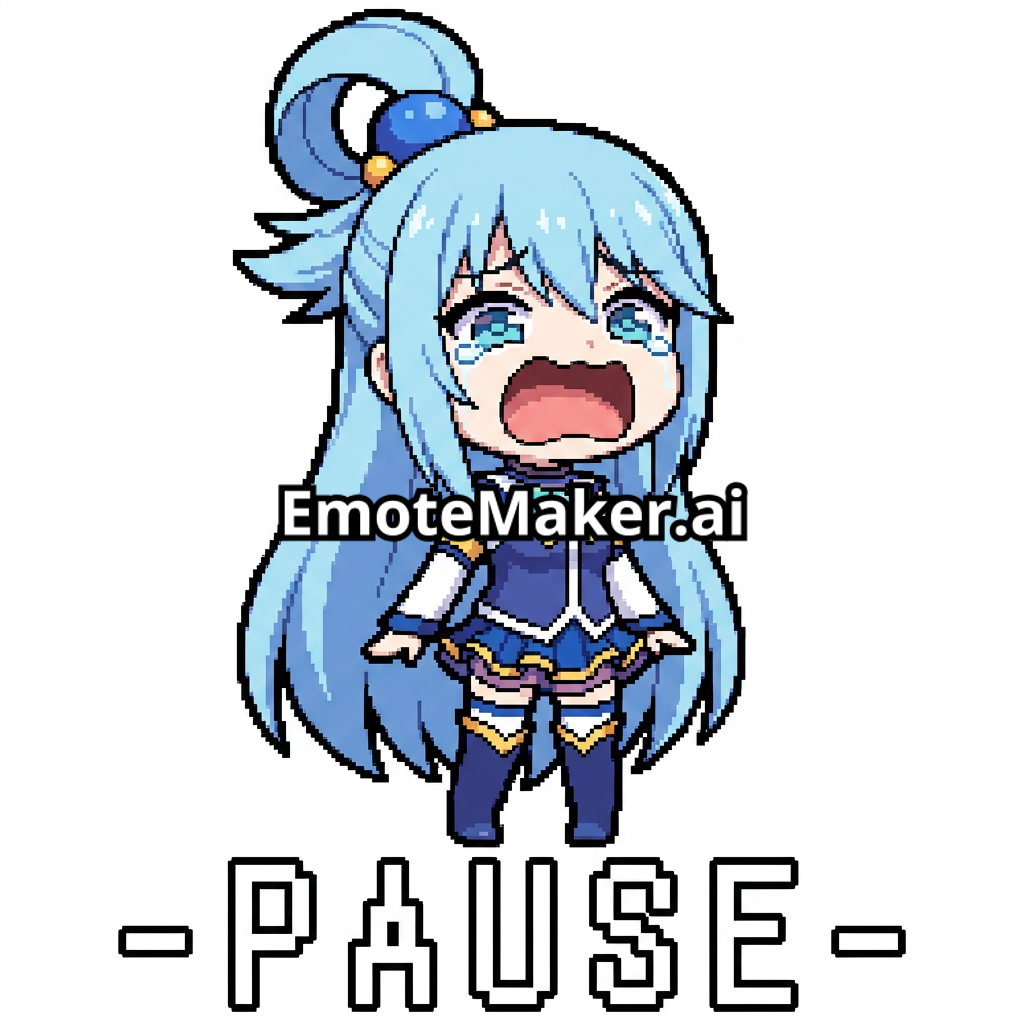 chibi anime girl, full body, standing, white pale skin, very long light blue hair, sky-blue eyes, pretty cute face, about 16 years old, blue and white magical-girl outfit, thigh-high boots, clean flat cel shading, thick outlines, simple pixel-art game sprite style, front view, centered, plain transparent background, high quality, masterpiece