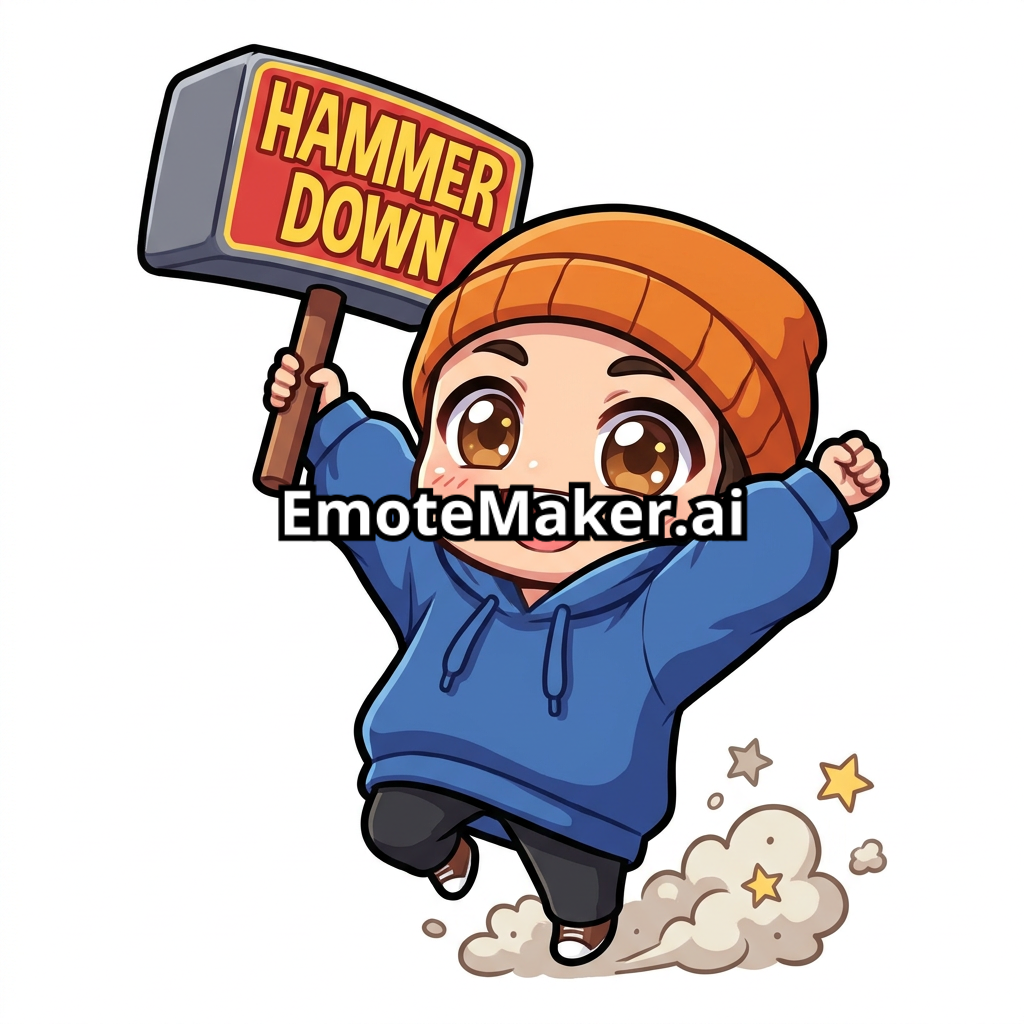 I just need it to say "HAMMER DOWN" jumping with excitement, arms raised, eyes wide with joy