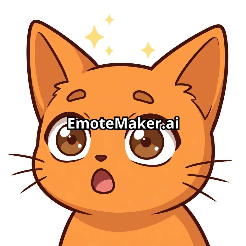 kitten face, eyes huge and wide open with tiny shocked pupils, eyebrows raised high, mouth open in a small round gasp shape, ears perked straight up and forward, whiskers pointing outward, a few small sparkle shapes floating near the top of the head, solid orange fur with no patterns or markings, plain background, anime style