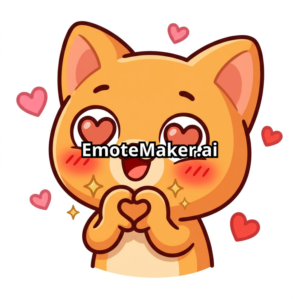 kitten face, chibi style, tiny simplified round body, eyes shaped like small hearts, two front paws pressed together near the chin forming a heart shape, mouth in a wide warm open smile, ears perked forward happily, small sparkle accents near the paws, rosy warm-toned cheeks, solid orange fur with no patterns or markings, plain background blushing with heart eyes and small hearts floating around