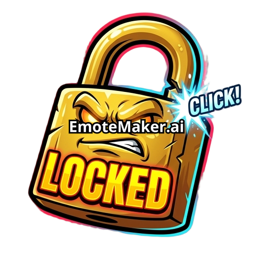 Create a high-energy Twitch emote of a chunky stylized gold padlock snapping shut, with an intense focused expression and glowing eyes. The front of the lock has the word “LOCKED” in huge bold uppercase lettering, highly legible at tiny emote size. Add a vibrant neon red and electric-blue outer glow, subtle speed lines and a bright locking “click” sparkle. Gaming/esports cartoon style, crisp thick black outline, exaggerated readable shapes, transparent background, centered composition, no extra