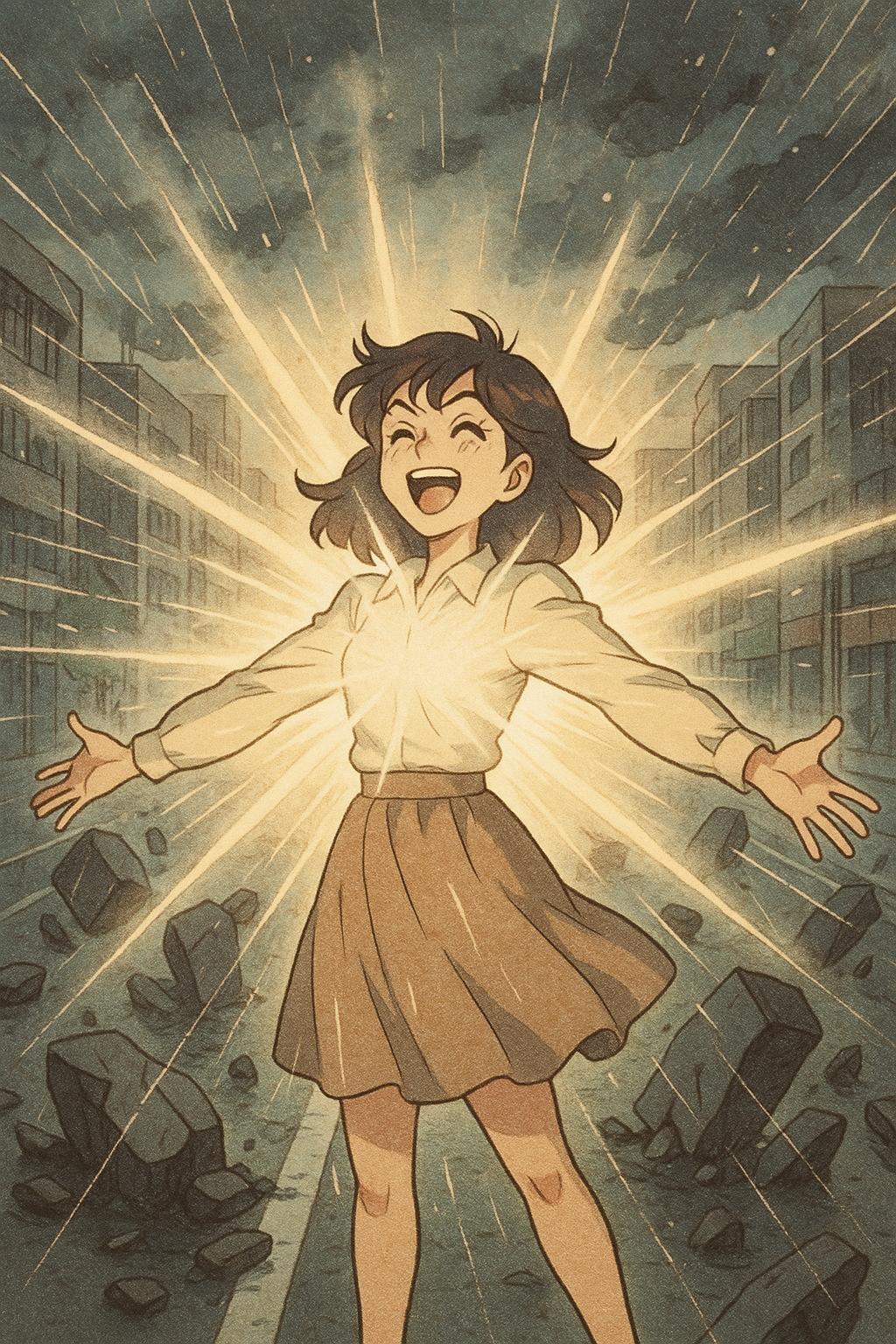 An abstract visualization of her overcoming obstacles, with vibrant light bursting forth from her open arms as she stands on a city street, overcoming a sudden storm with a smile.. Vintage anime look with grainy textures, exaggerated expressions, and retro vibes.. Soft, muted color palettes with a calming and ethereal quality. [Batch: cmcitrl9b0017svkwcnhhj0h1]