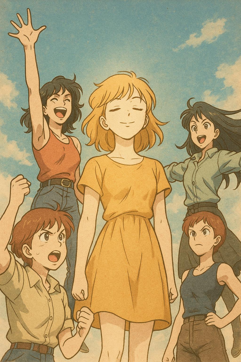 In a moment of clarity, she stands tall beneath a clear sky, radiating a warm glow, as empowered figures surround her, embodying freedom and strength, encouraging her to remain open and unstoppable.. Vintage anime look with grainy textures, exaggerated expressions, and retro vibes.. Soft, muted color palettes with a calming and ethereal quality. [Batch: cmcitrl9b0019svkwfsrh5xeq]
