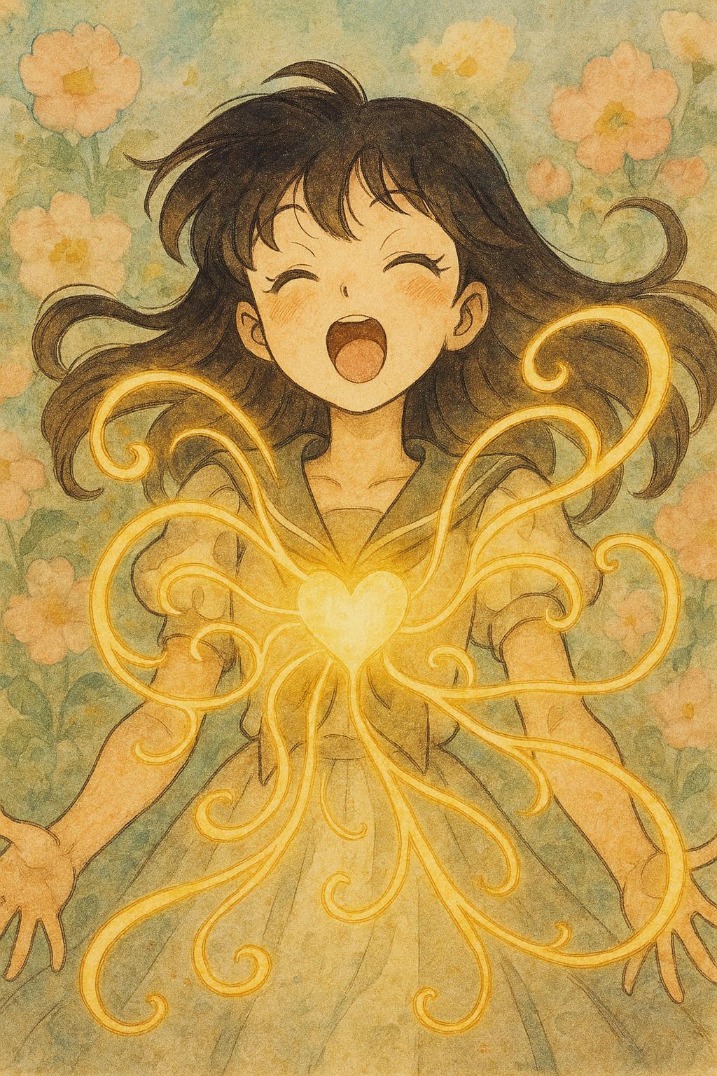 A whimsical illustration of swirling golden energies emanating from a heart-shaped light at the center of her chest, illuminating her figure against a watercolor backdrop of blossoming flowers.. Vintage anime look with grainy textures, exaggerated expressions, and retro vibes.. Soft, muted color palettes with a calming and ethereal quality. [Batch: cmcitrl9b0012svkwi9c6r3zm]