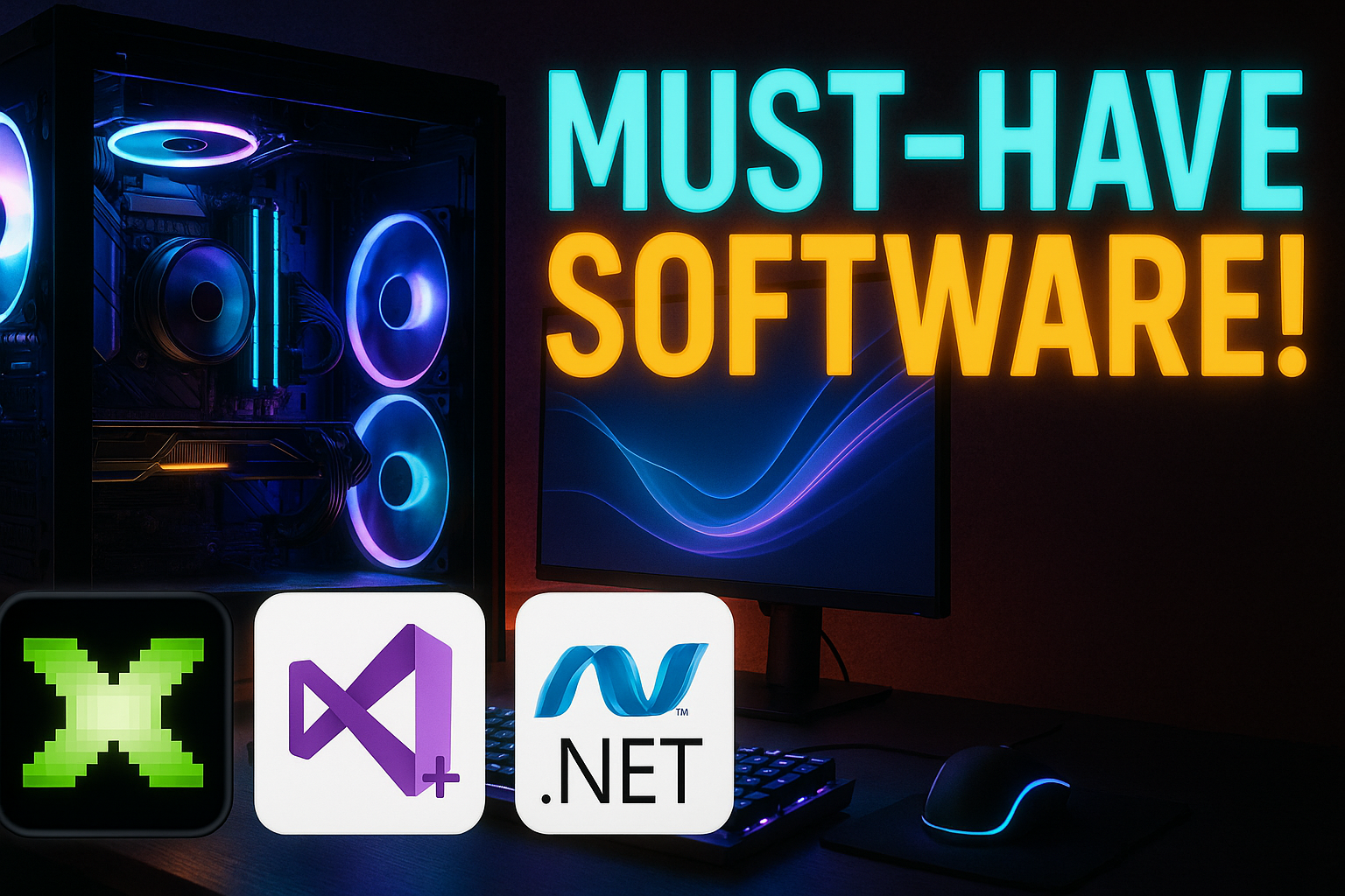 A high-impact YouTube thumbnail showing a glowing PC setup, essential ...